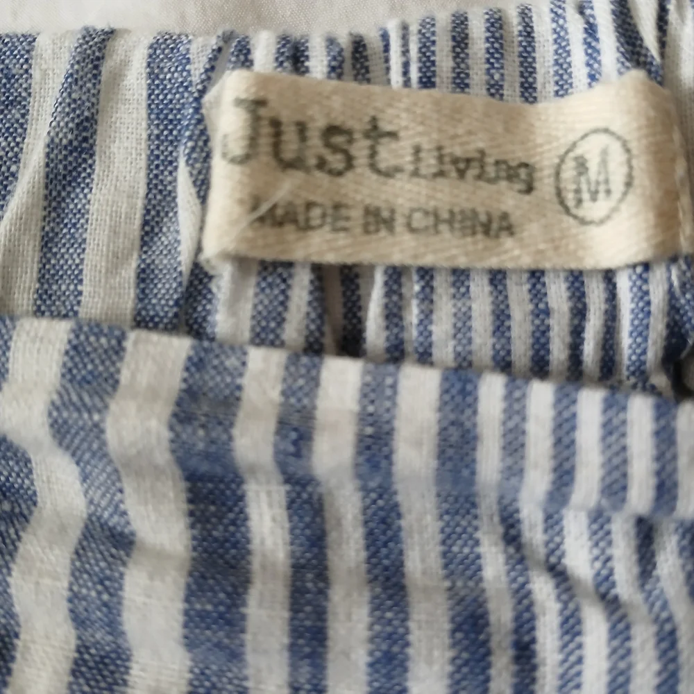 Striped Blue White Wiide Leg, 55% Linen 45% Cotton Elastic Waist Pants - Picture 10 of 10